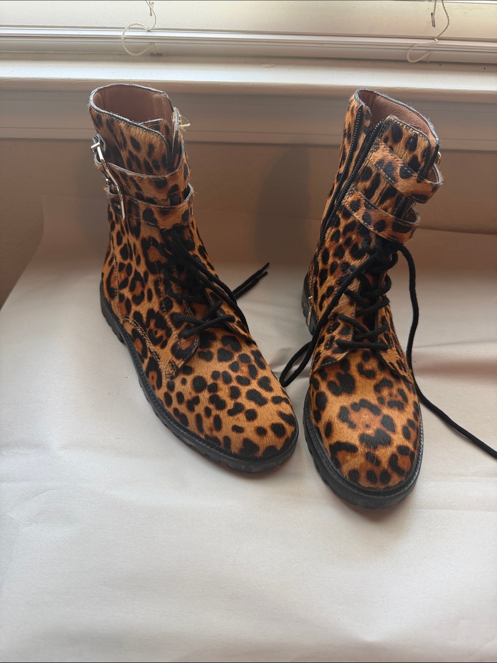 ANTONIO MELANI Leopard-Print Lace-Up Ankle Boots in Brown and Black